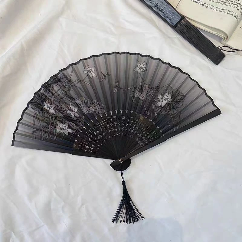 黑白荷花竹片印花折扇春晚同款爆款精工密雕竹子旅游穿搭居家摆件