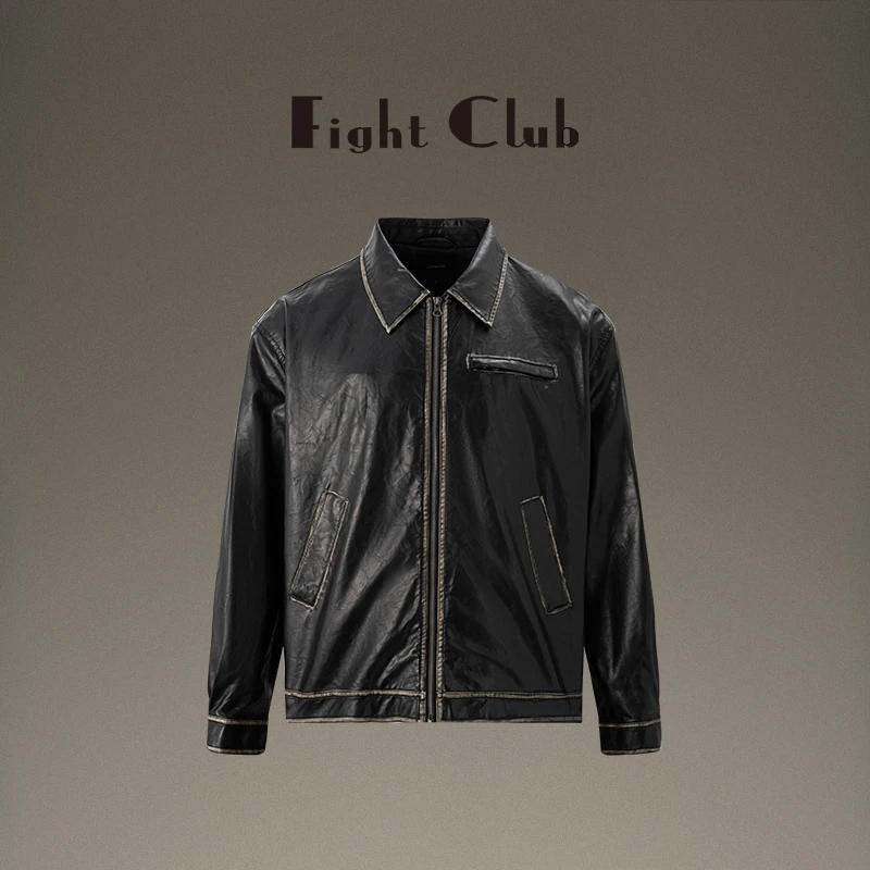 Fight Club 春夏新款美式复古擦色做旧皮衣上衣百搭夹克外套