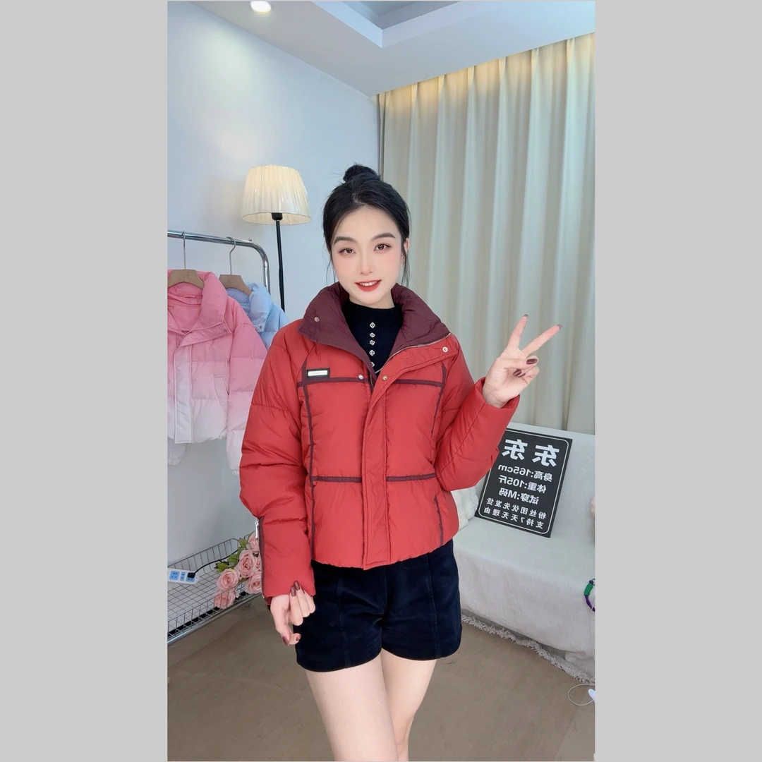 [东东】压线立体撞色锁棉时尚立领修身显瘦新款保暖棉服外套