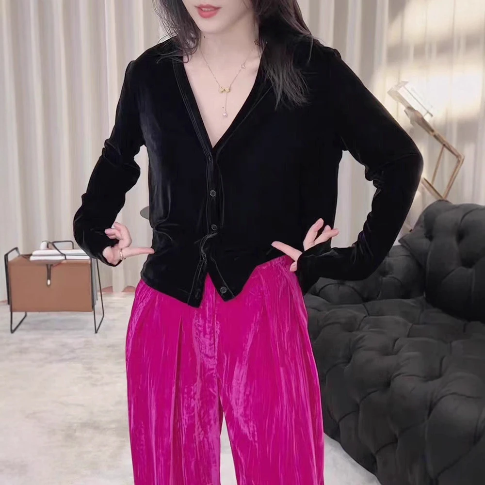 2025春秋季新款开衫丝绒长袖V领女针织衫开衫长袖纯色百搭短外套