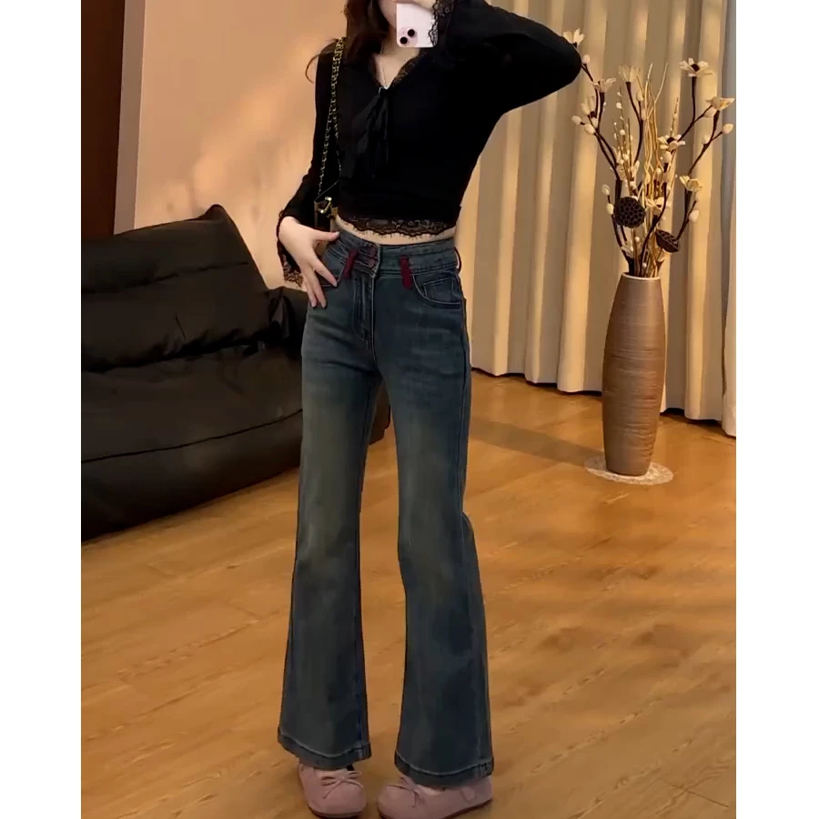 蓝色小个子微喇牛仔裤女秋冬加绒高腰百搭弹力显瘦修身九分喇叭裤