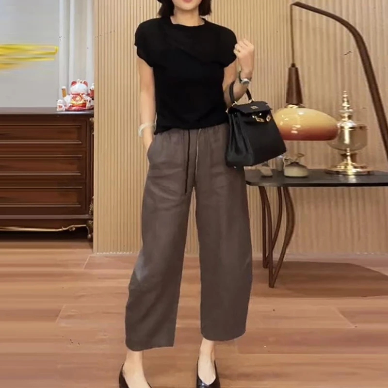 2025夏季新款女士麻料九分休闲裤宽松高腰显瘦百搭香蕉哈伦裤子潮