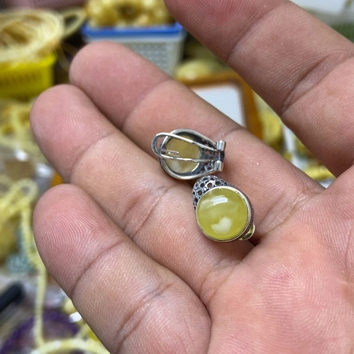 蜜蜡银S925镶嵌裸石耳扣