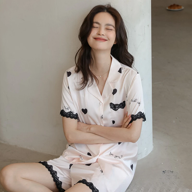 【专柜品质】夏拼花边爱心提花缎面女夏甜美少女冰丝睡衣套装家居服