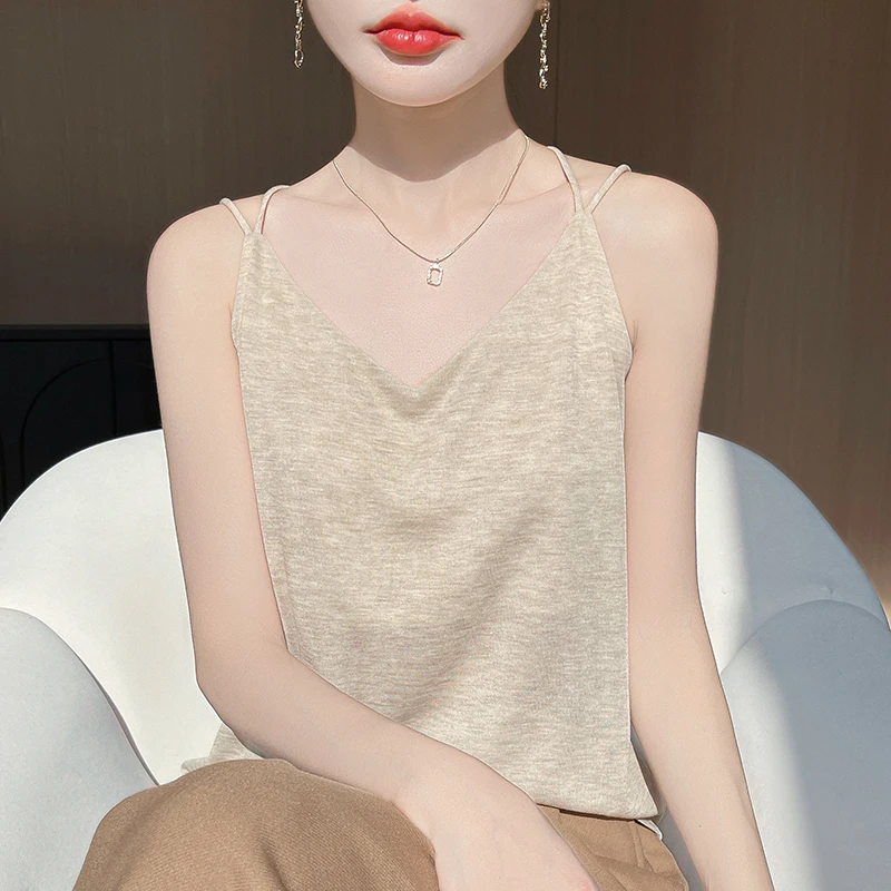 V领针织吊带背心女夏季薄款微透性感美背内搭上衣宽松显瘦打底衫