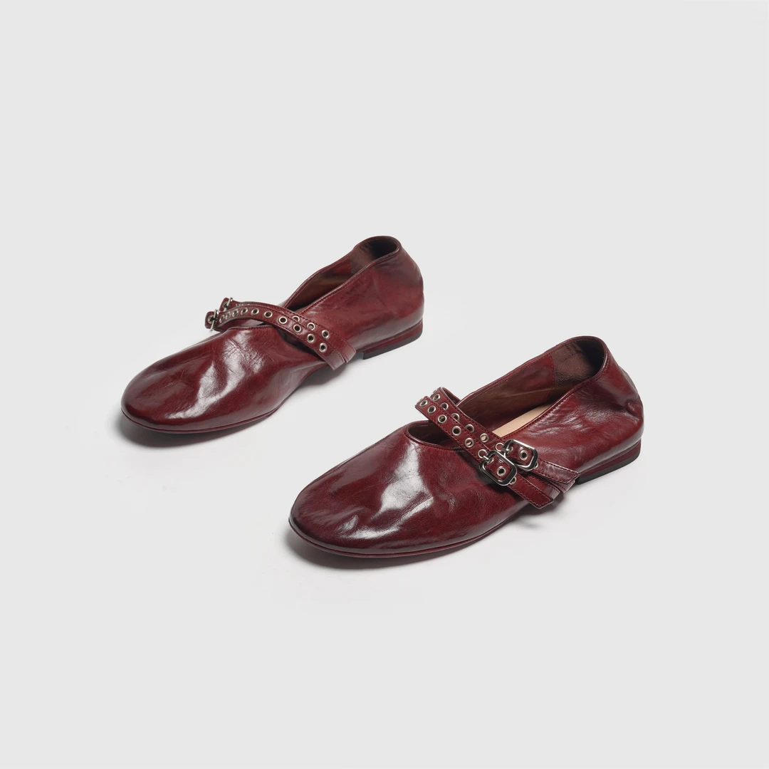 时尚休闲意大利水洗马皮复古绝美玛丽珍鞋柔韧铆钉扣带平底单鞋潮