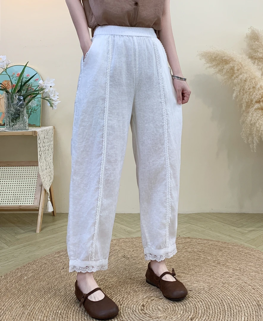 亚麻蕾丝花边小脚裤5277