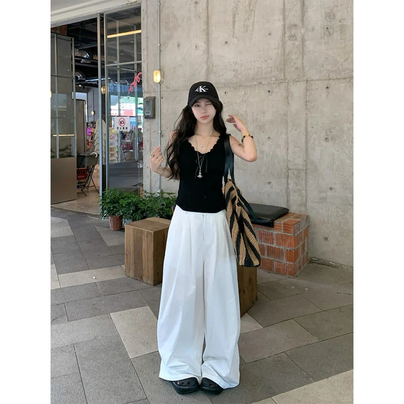 2025夏季韩系修身显瘦百搭V领短款无袖内搭上衣女高腰宽松阔腿裤