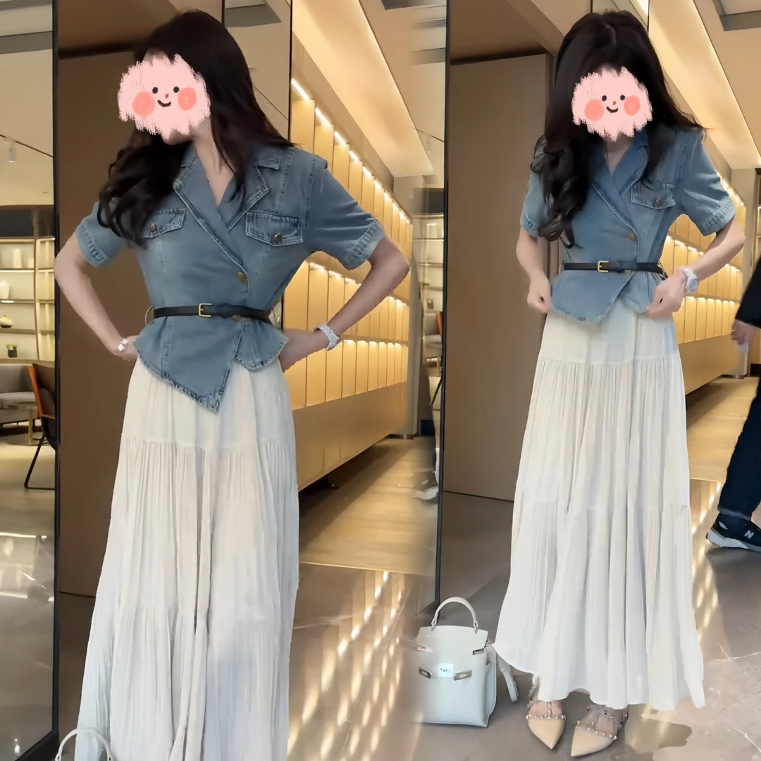 早春新款复古气质polo领衬衫修身牛仔衬衫百搭半身裙高腰小清新女