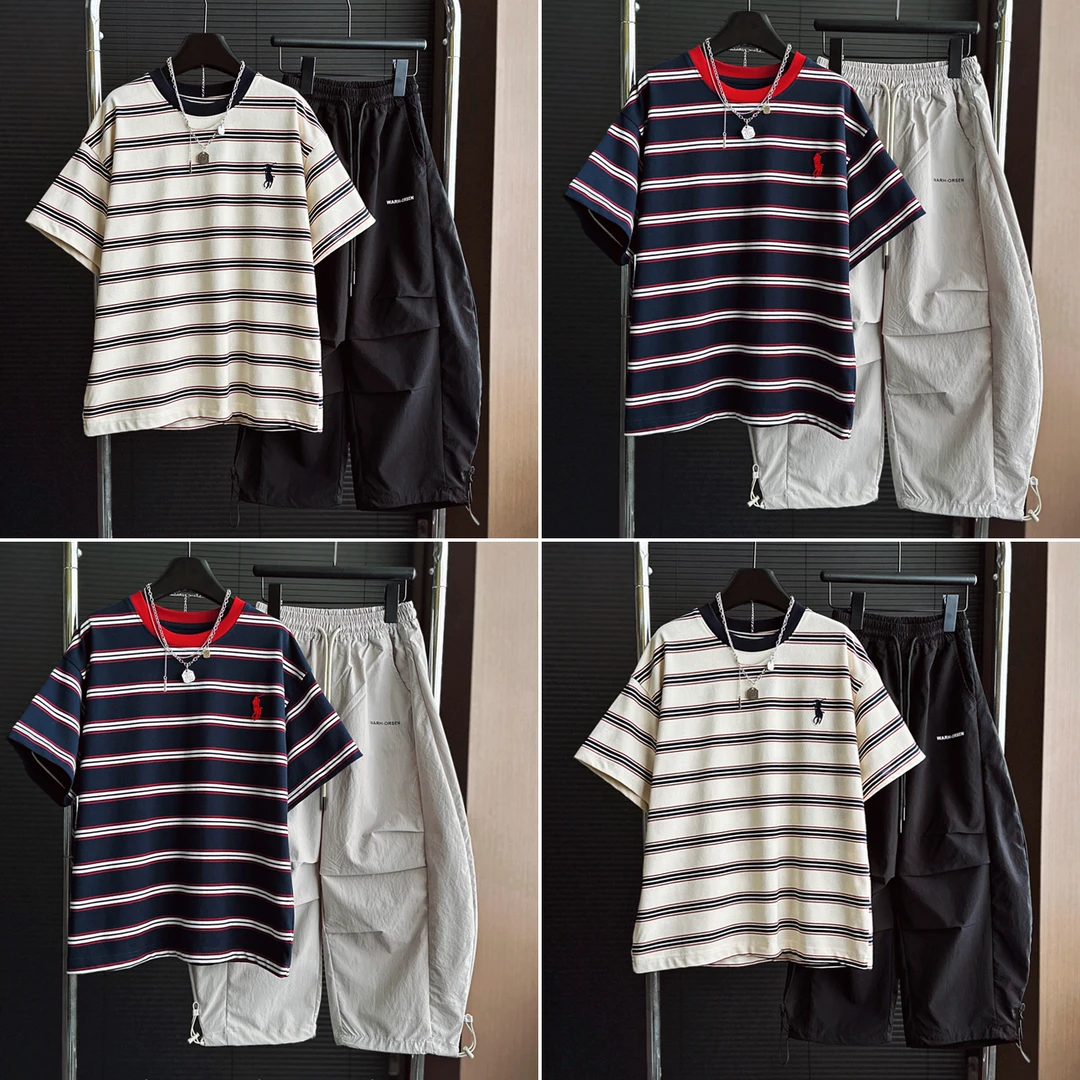 5C038童装2025夏季港风儿童短袖潮流T恤百搭男童帅气条纹半袖上衣