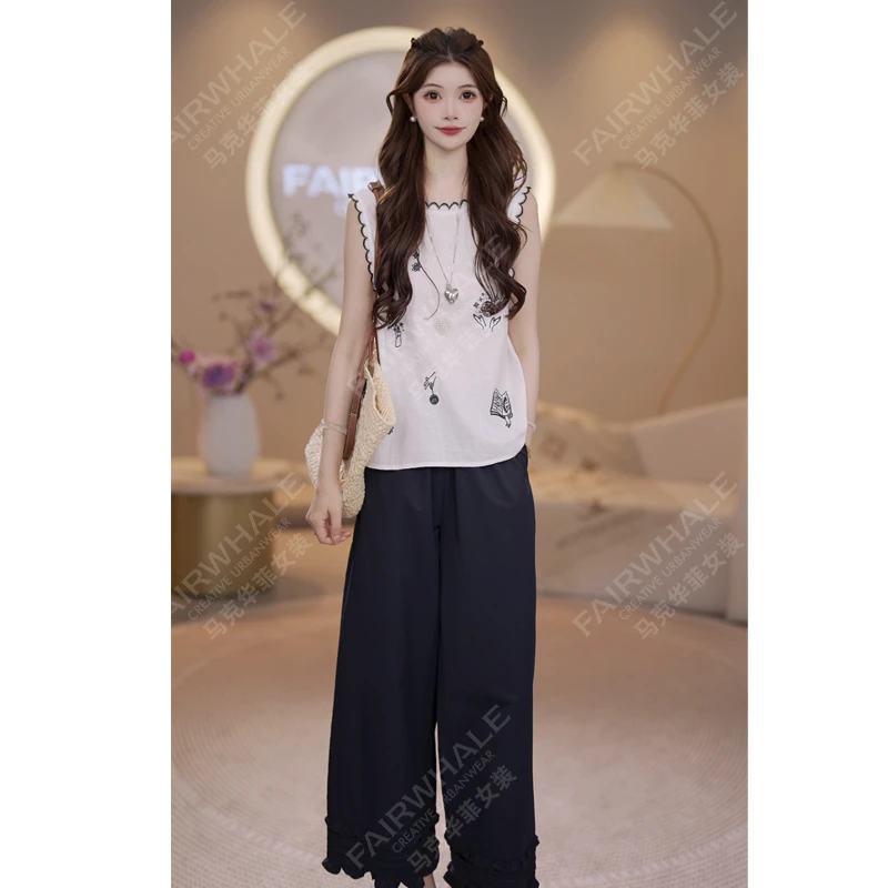 马克华菲女装2025夏季圆领百搭刺绣背心开衫女花边显瘦无袖上衣 X