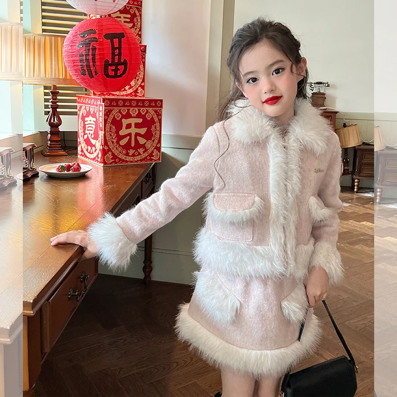 【清仓】栀了成长记童装女童时髦毛呢夹棉套装冬儿童宝宝加厚衣服