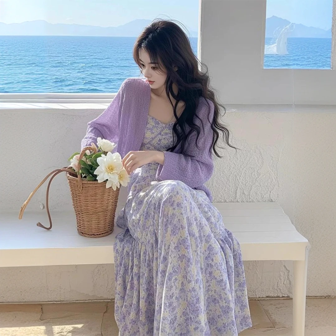 温柔风气质紫色碎花连衣裙女装2025新款法式绝美度假风套装裙