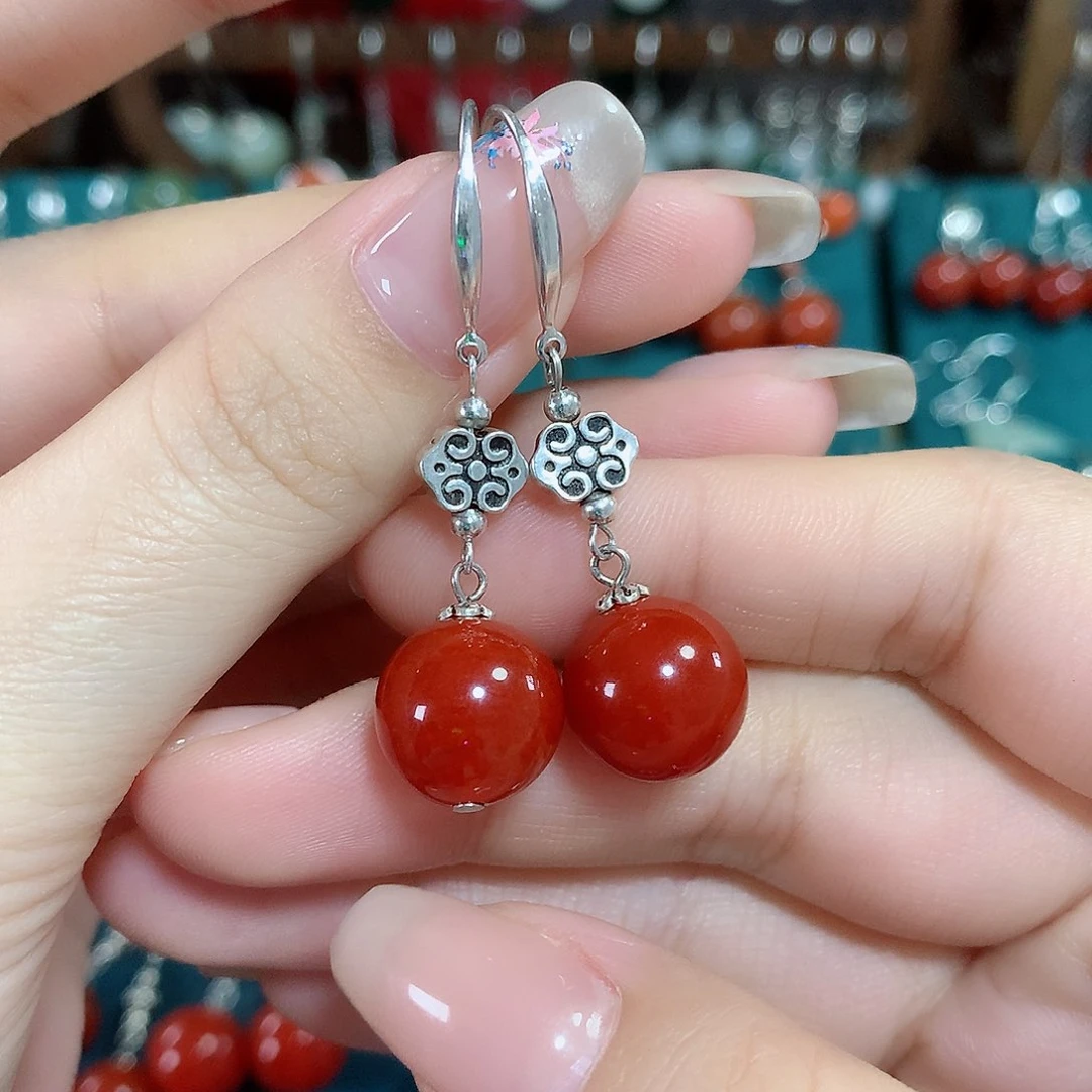 玛瑙/玉髓耳饰银S925镶嵌天然红玛瑙12mm左右（锦红）