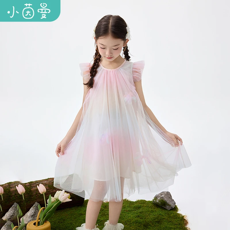 茵曼女童幻彩网纱连衣裙蝴蝶装饰25秋透气裙子小公主裙GF3852523