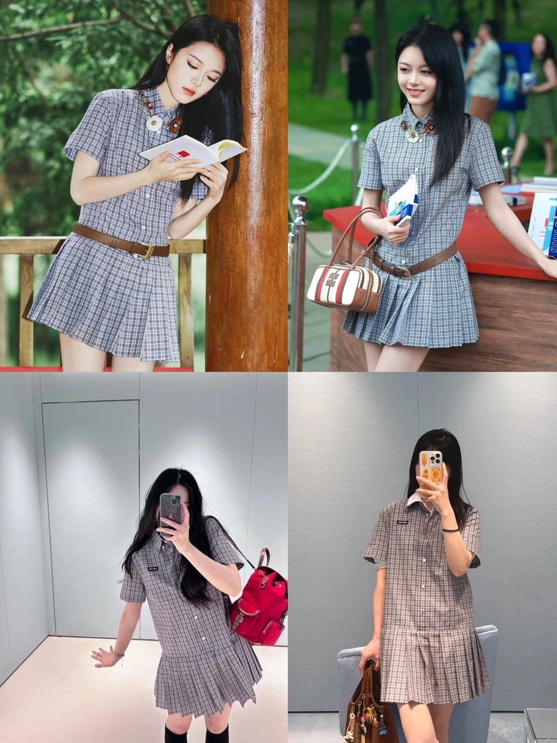 「8569」俏皮复古蓝棕撞色细格学院风翻领百褶下摆衬衫式短袖连衣裙