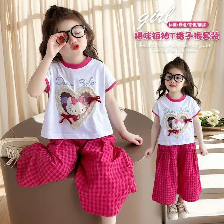 女套短袖2025套装夏季新款宝宝儿童洋气时髦格子裤女童两件套潮流