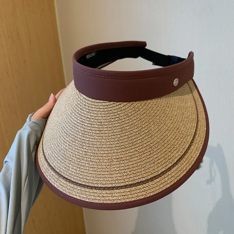 草编空顶防晒帽子女夏季户外出游大帽檐防紫外线可折叠黑胶遮阳帽