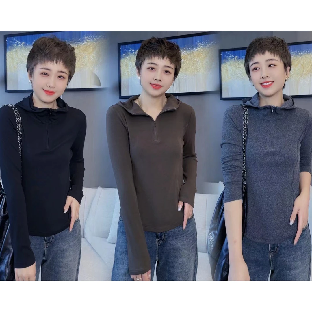 静姐【桃花朵朵】年终款连帽百搭叠穿内搭打底针织百搭上衣232130-1