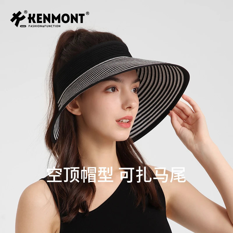 UPF50+法式赫本风条纹空顶防晒太阳帽女夏大头围可折叠便携蛋卷帽