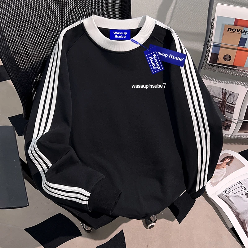 WASSUP HSUBE美式潮流三条杠圆领卫衣男士重磅潮酷宽松青少年上衣