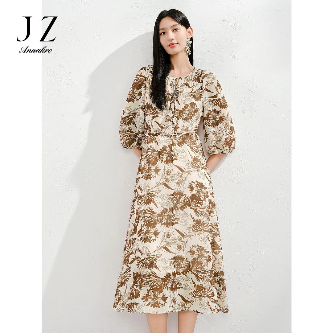 玖姿安娜蔻KWFX50177手绘花油画感温柔显瘦雪纺连衣裙女2025夏