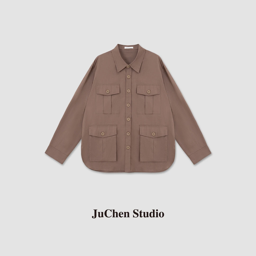 沙丘玫瑰低饱和异色廓形工装夹克轻量微褶棉质翻领外套 SS062686