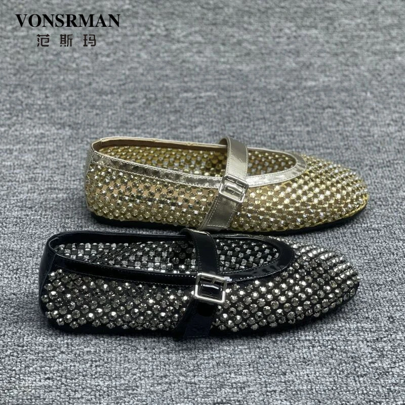 欧洲站女鞋2025夏季新款高端网面透气水钻平底浅口玛丽珍鞋凉鞋女