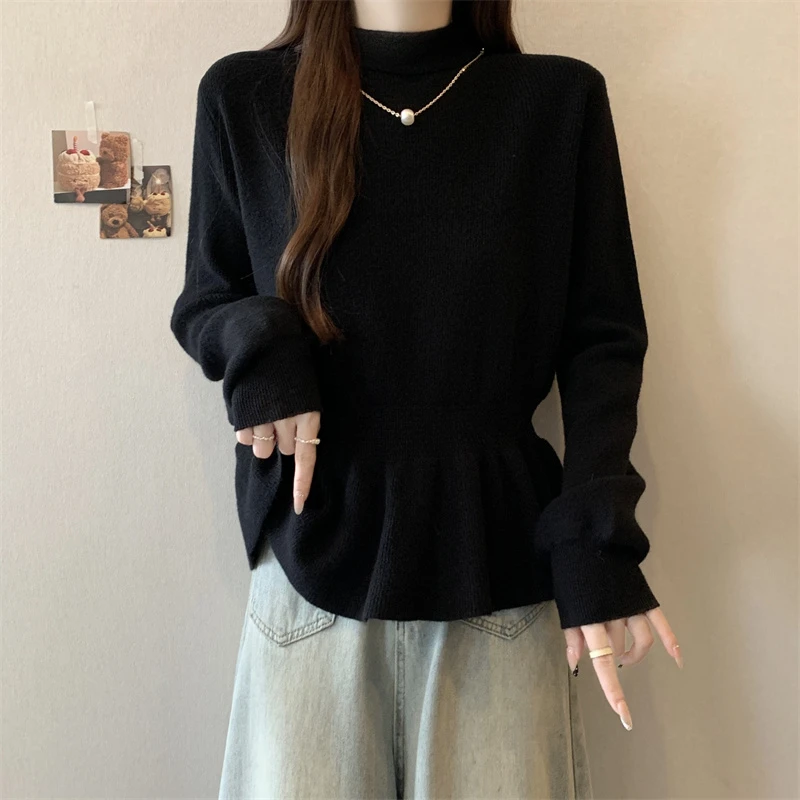 大码女装遮肚子内搭半高领毛衣女秋冬胖mm荷叶边显瘦长袖针织上衣