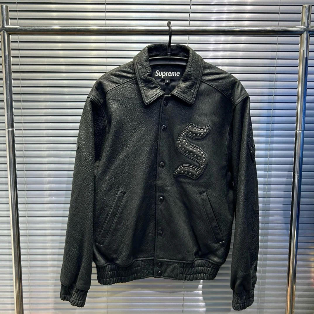 95新 Supreme 限定款胸前铆钉皮夹克内衬夹棉/S号