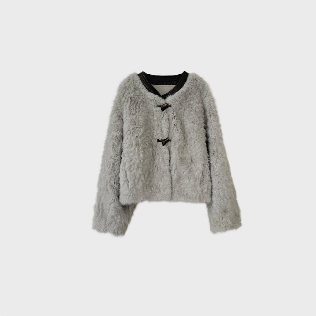 韩版宽松小香风洋气拼接气质环保毛外套女6844复古