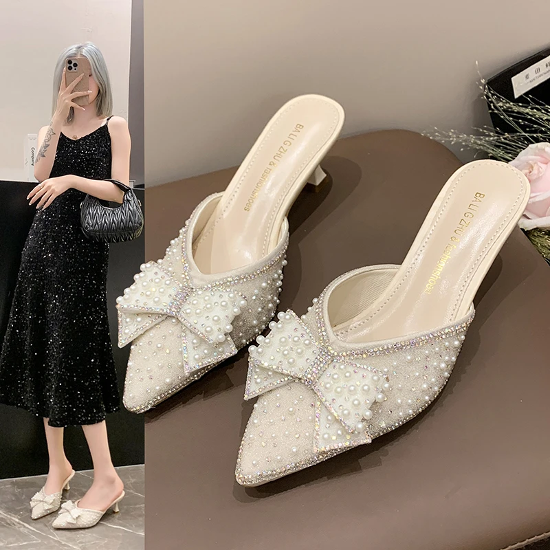 尖头女包头时装凉鞋清新花束凉鞋网红粗跟半拖凉拖鞋仙女风