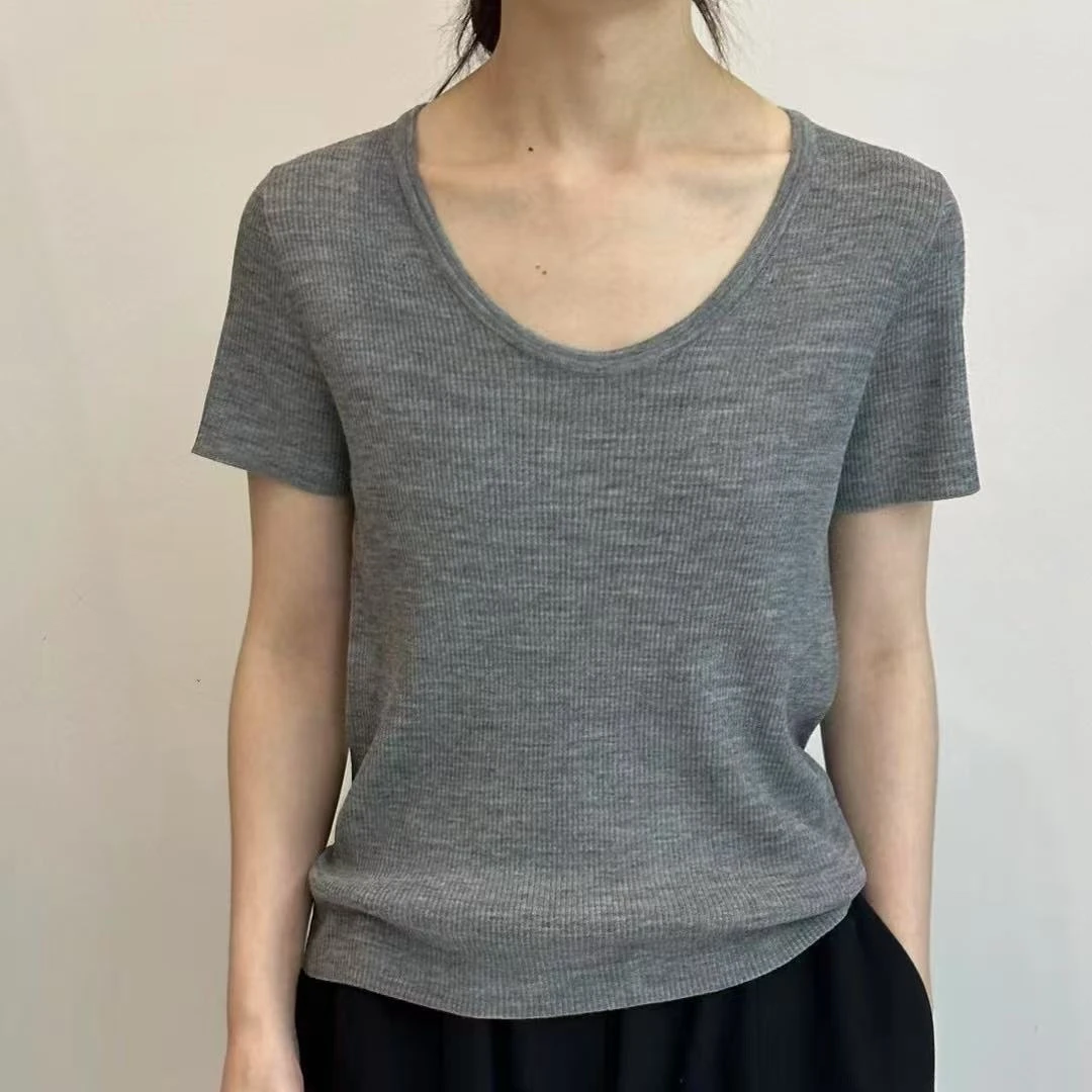 伟丽店4128款【U领针织短袖T】常规轻职风通勤纯色短袖拼接T恤