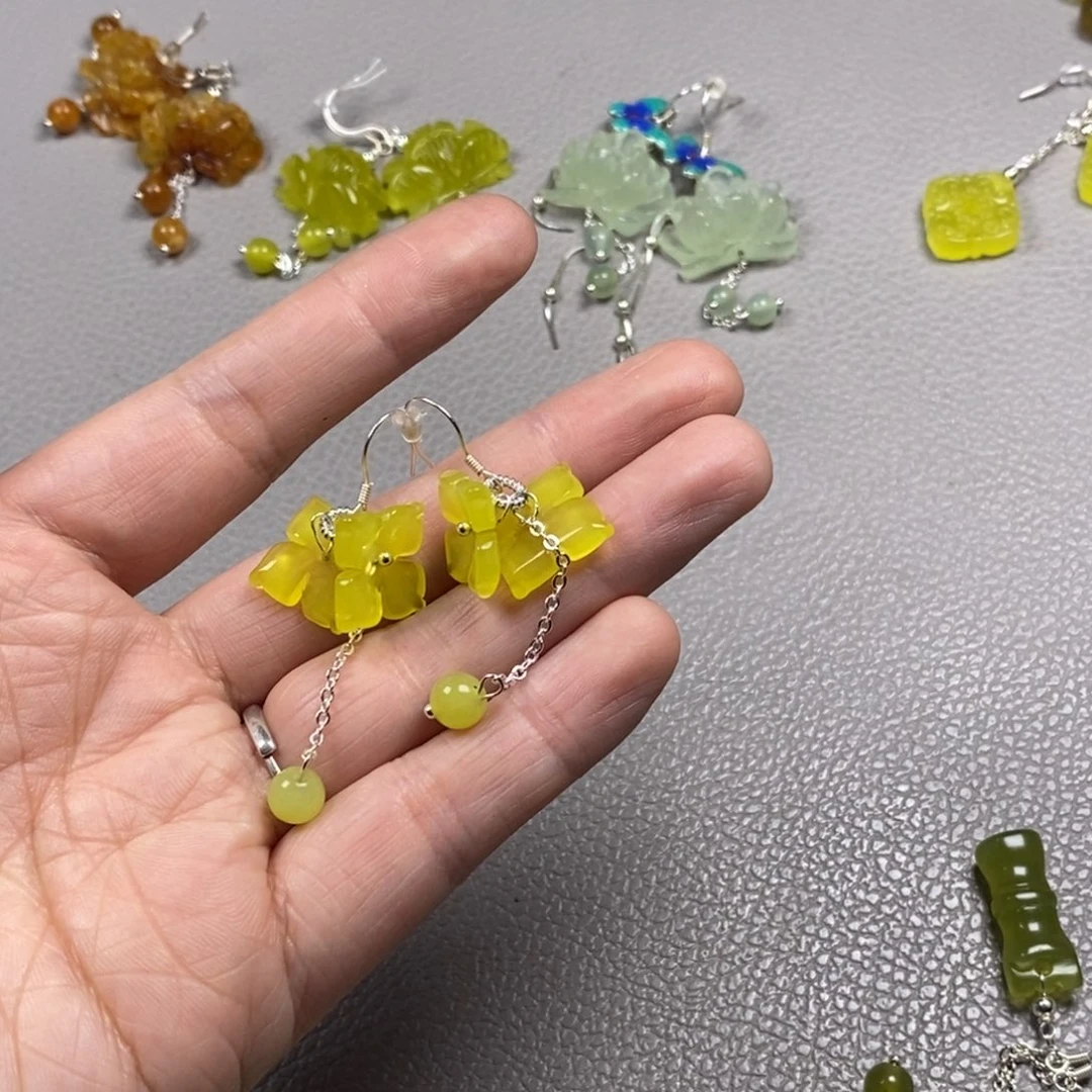 蛇纹石玉银S925镶嵌挂件耳饰耳环项链