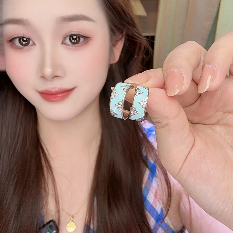 铜合金锆石耳饰 蓝色滴油镶钻花朵C形耳钉女气质小众欧美风耳环