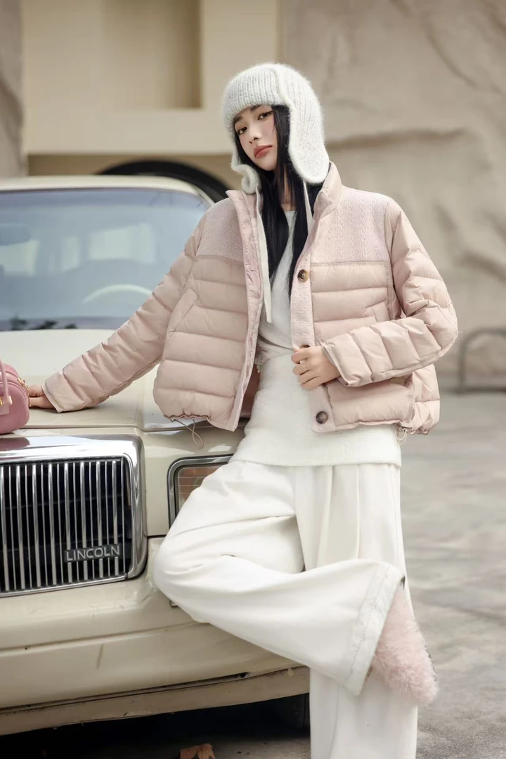 小香风短款羽绒服女2025冬季时尚立领毛呢拼接宽松显瘦白鸭绒外套