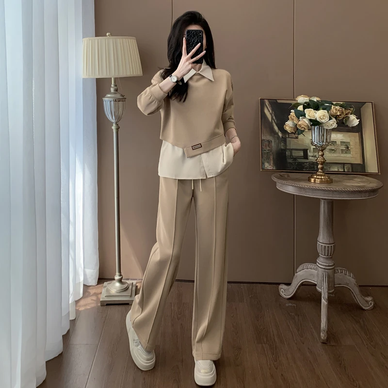 春秋时尚搭配一整套短款卫衣衬衫叠穿直筒裤两件套女装休闲套装