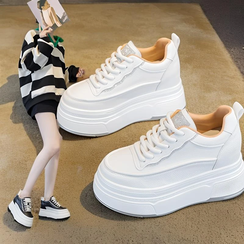 内增高9cm真皮小白鞋女ins韩版不累脚透气厚底松糕鞋2025秋季爆款