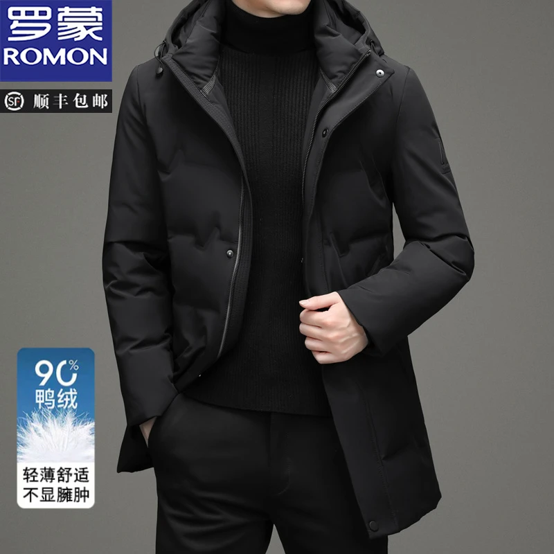 罗蒙中长款连帽羽绒服男士冬装时尚高端休闲保暖外套中年爸爸装