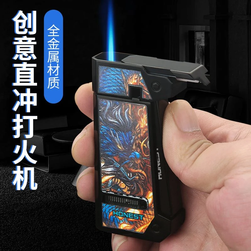 新款百诚防风充气打火机创意侧按蓝焰直冲个性高颜值彩绘点烟器男