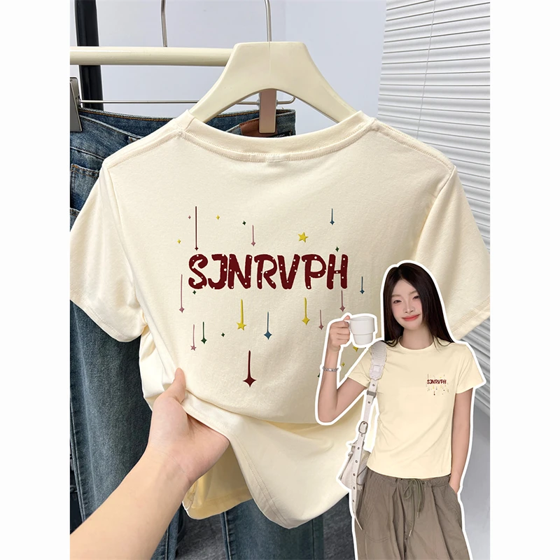 修身高弹力棉设计感圆领上衣短款正肩小众显瘦短袖T恤衫女生百搭