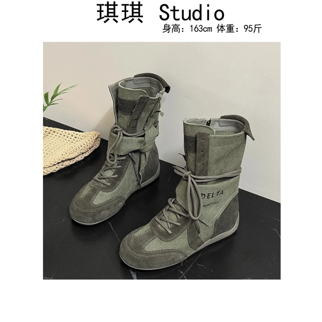 《琪琪家》夏季新款轻奢高级感侧拉链系带三角洲百搭时装靴5125-F3