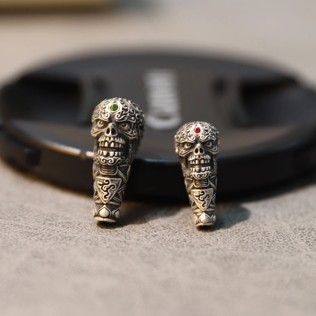 丝鹿西子 足银银制品 恶灵祥云骷髅镶嵌三通实心999藏式文玩三通