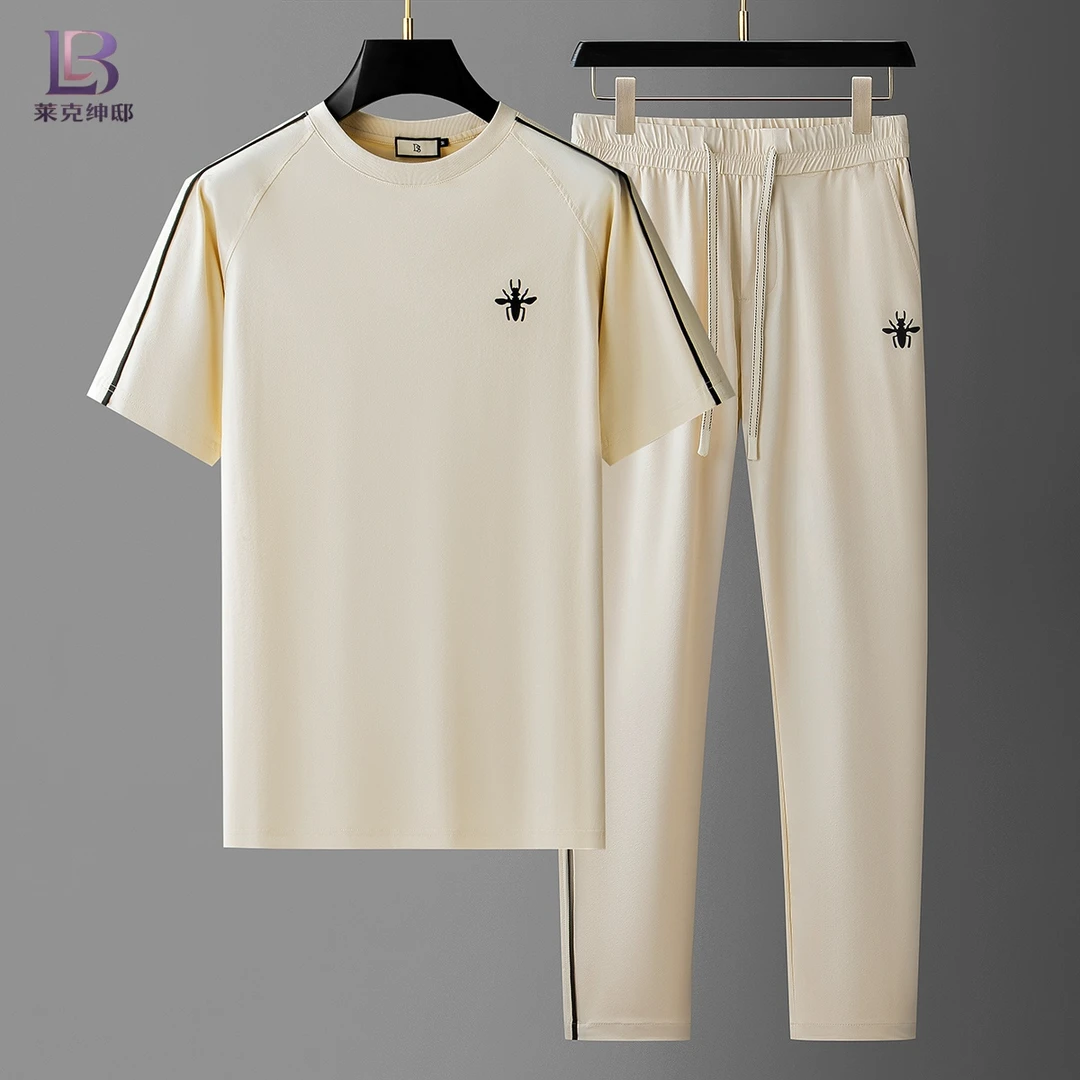 夏季薄款速干抗皱冰丝t恤两件套撞色拼接男士短袖休闲运动套装