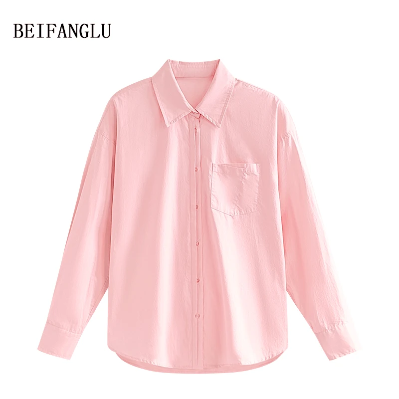 北方鹿【38女神节】氛围温柔粉纯色百搭春季女士落肩袖薄衬衫W9288