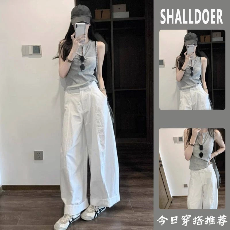 清冷松弛感穿搭小香风韩系减龄灰色背心白色阔腿裤休闲两件套装女