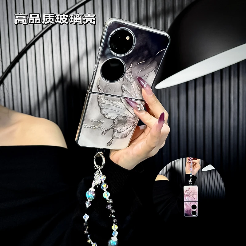 适用华为p50pocket手机壳新款pocket2套pockets水墨仙蝶玻璃壳女p