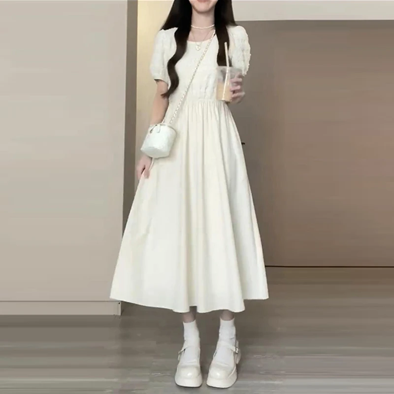 大码茶歇法式连衣裙女大童夏季新款大摆裙初中学生短袖气质长裙子