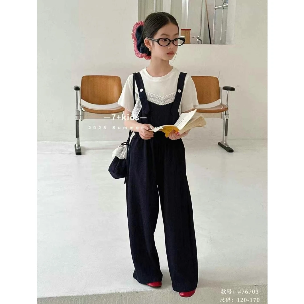 韩版女童装儿童中大童夏季时髦短袖牛仔棉背带裙配包包3件套装