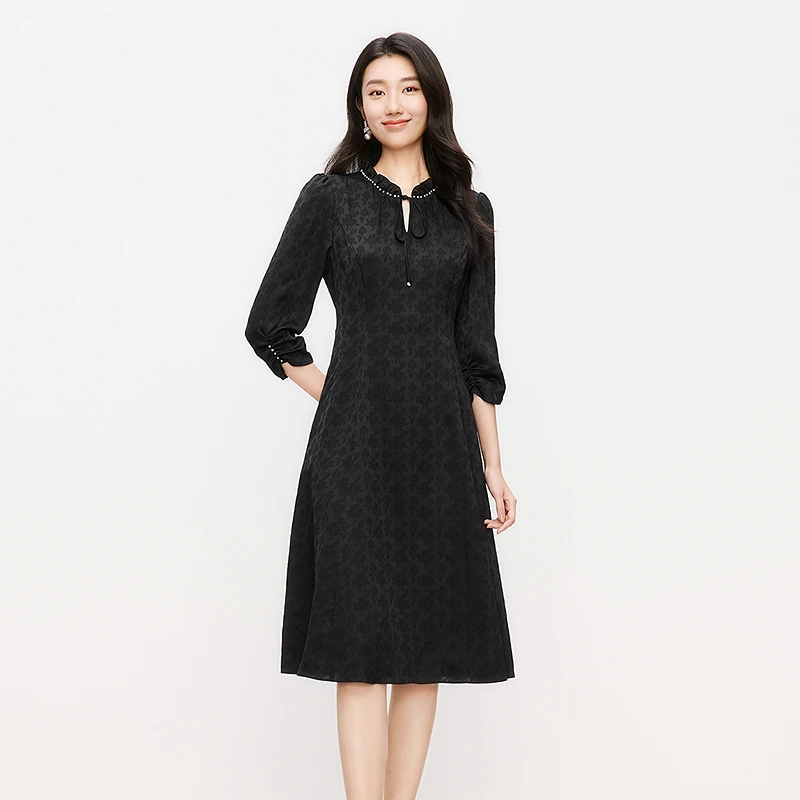 Koradior/珂莱蒂尔黑色提花优雅复古修身中长款连衣裙KF11817W0